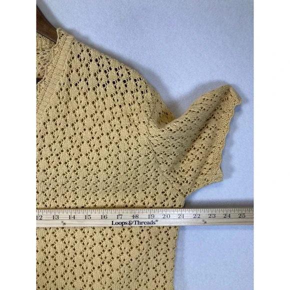 Vintage Basic Editions Women Large Yellow Crochet Knit Short Sleeve Cardigan - Picture 6 of 8